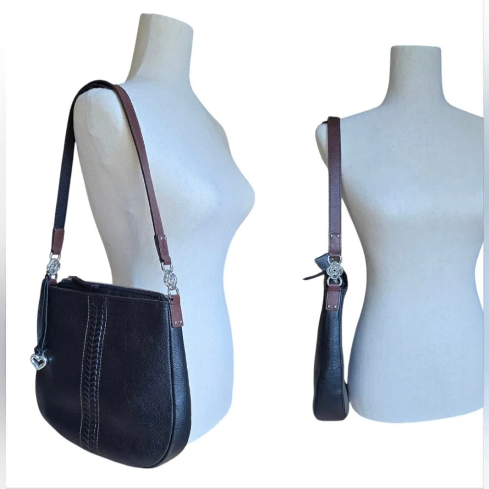 EUC Brighton Aidan Shoulderbag Black Chocolate leather hobo w/ woven acc… - Picture 9 of 11